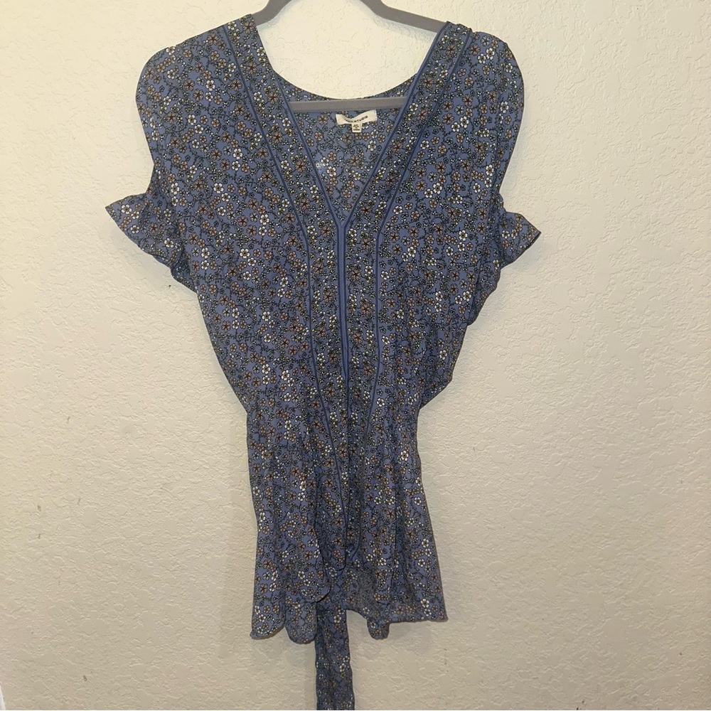 Max Studio 2X Blue Floral Garden Girl Cottagecore V-Neck Belted Ruffle Blouse
